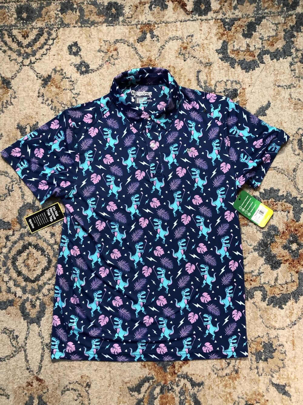 Tipsy Elves Polo Shirt Mens Small Blue Tee Rex Dinosaur Golf Print Short Sleeve